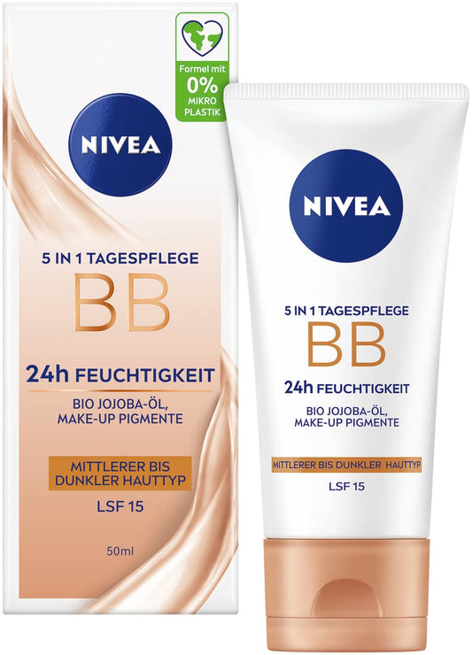 NIVEA 5 in 1 Tagespflege BB 24H Feuchtigkeit LSF 15, Getönte Tagescreme Für Mittlere Bis Dunkle Hauttypen, Gesichtscreme Mit Bio Jojoba-Öl Und Make-Up Pigmenten