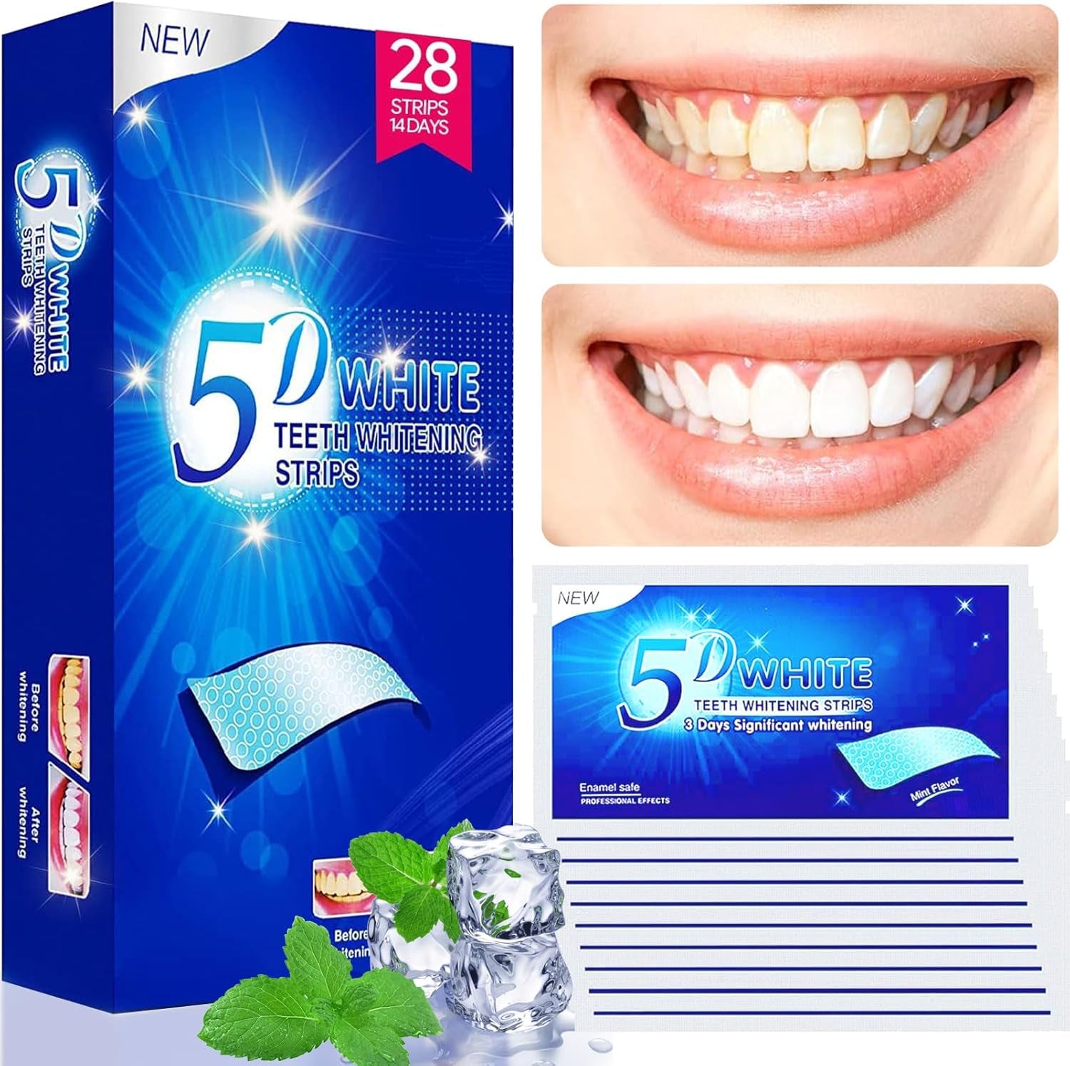 Teeth Whitening Strips - 28 Zahnaufhellung Peroxid Frei Non-Sensitive Formel Mit Minzgeschmack - Sicher Für Zahnschmelz