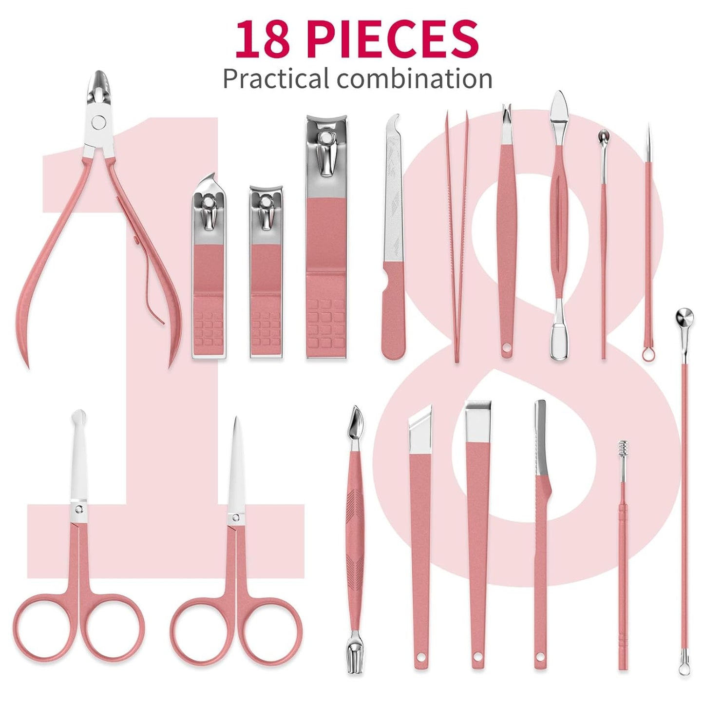 Maniküre-Set 18 in 1 Professionelles Pediküre-Set Nagelschere Grooming Kit Mit Leder Kulturbeutel in Pink